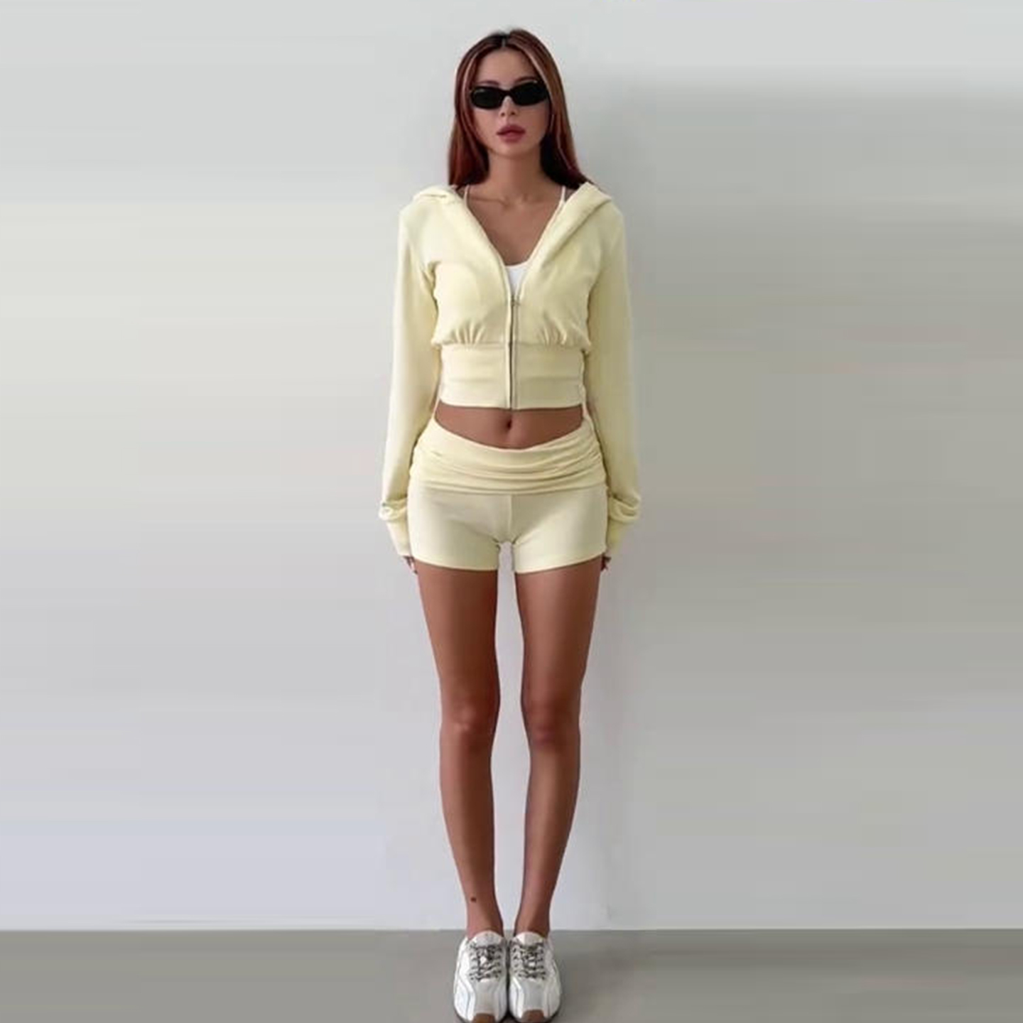 fitlife健身套装女长袖连帽双叠腰提臀修身显瘦跑步运动瑜伽服