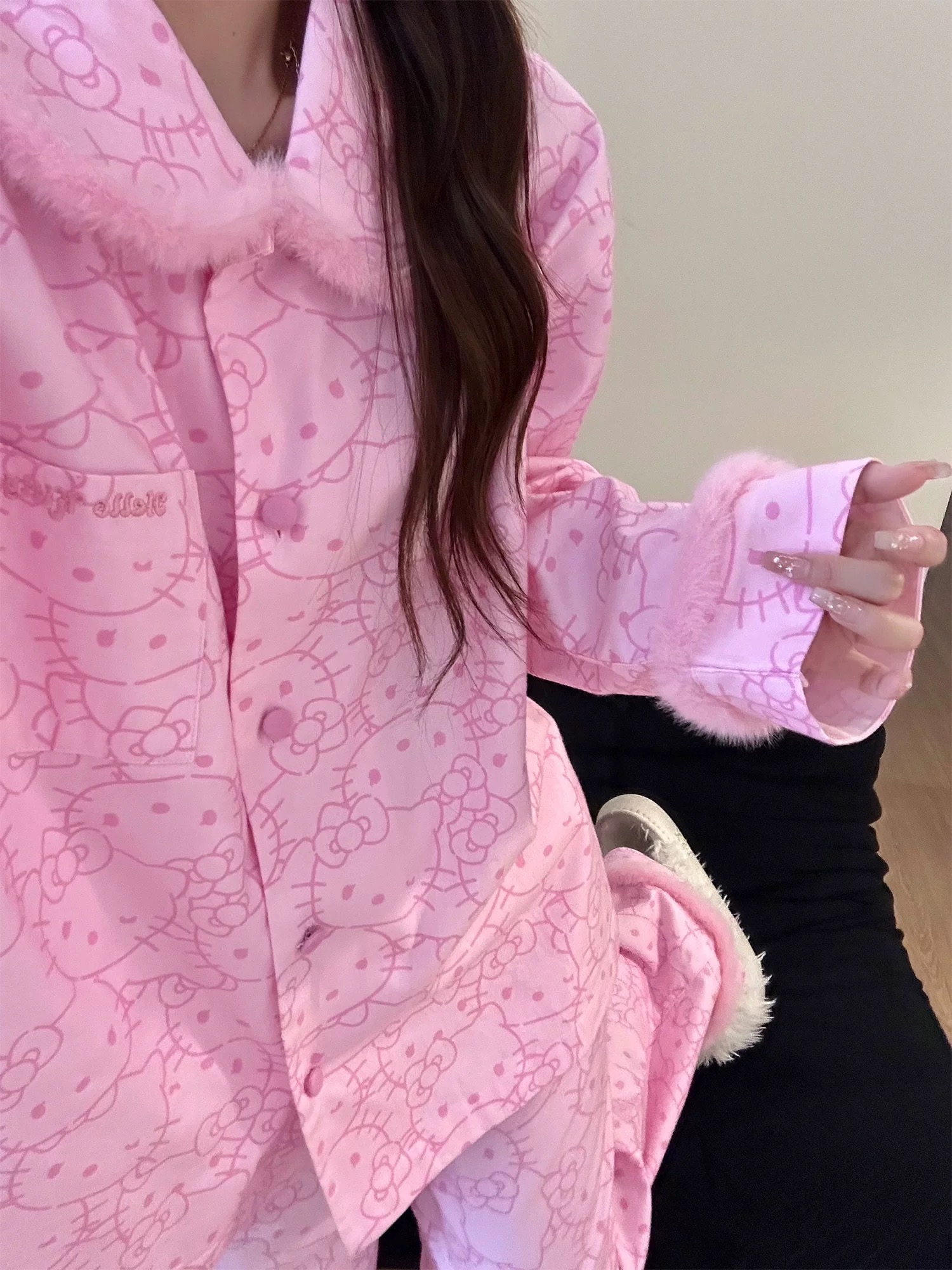 【野-粉色Hello Kitty】长袖长裤 新款潮牌可外棉质居家睡衣服套装