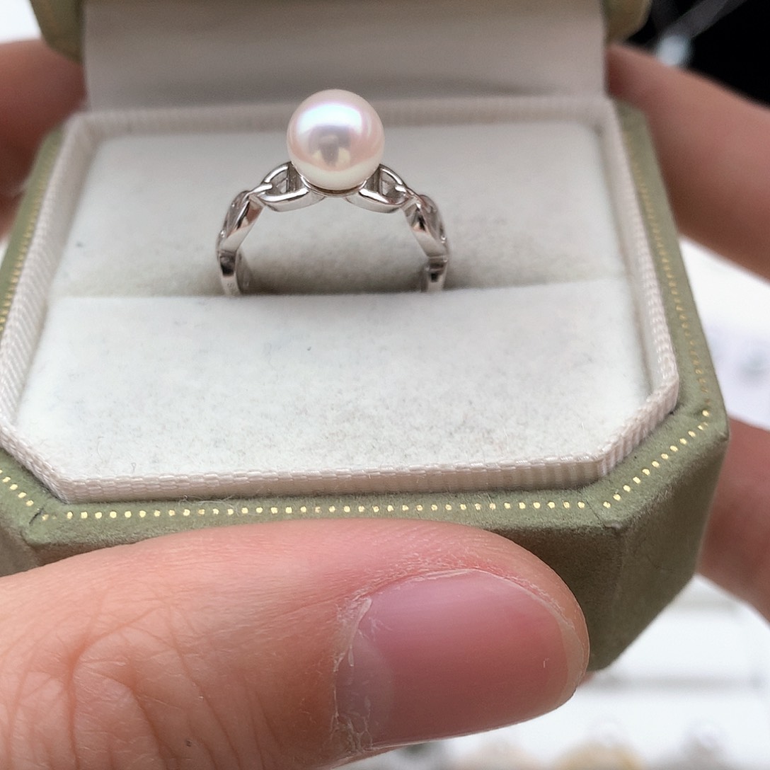 海水珍珠7-7.5mm ak猪鼻子戒指银S925镶嵌