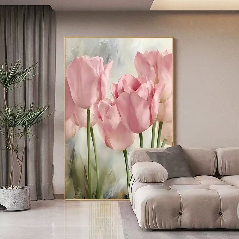 北欧风大幅客厅沙发背景墙画轻奢郁金香卧室壁画简约玄关砂岩画