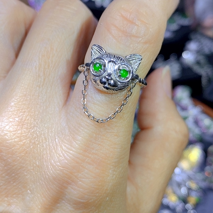 翡翠戒指银S925镶嵌天然翡翠