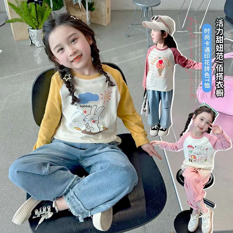 女童秋季新款插肩袖长T宝宝卡通可爱休闲打底时尚上衣活力拼色