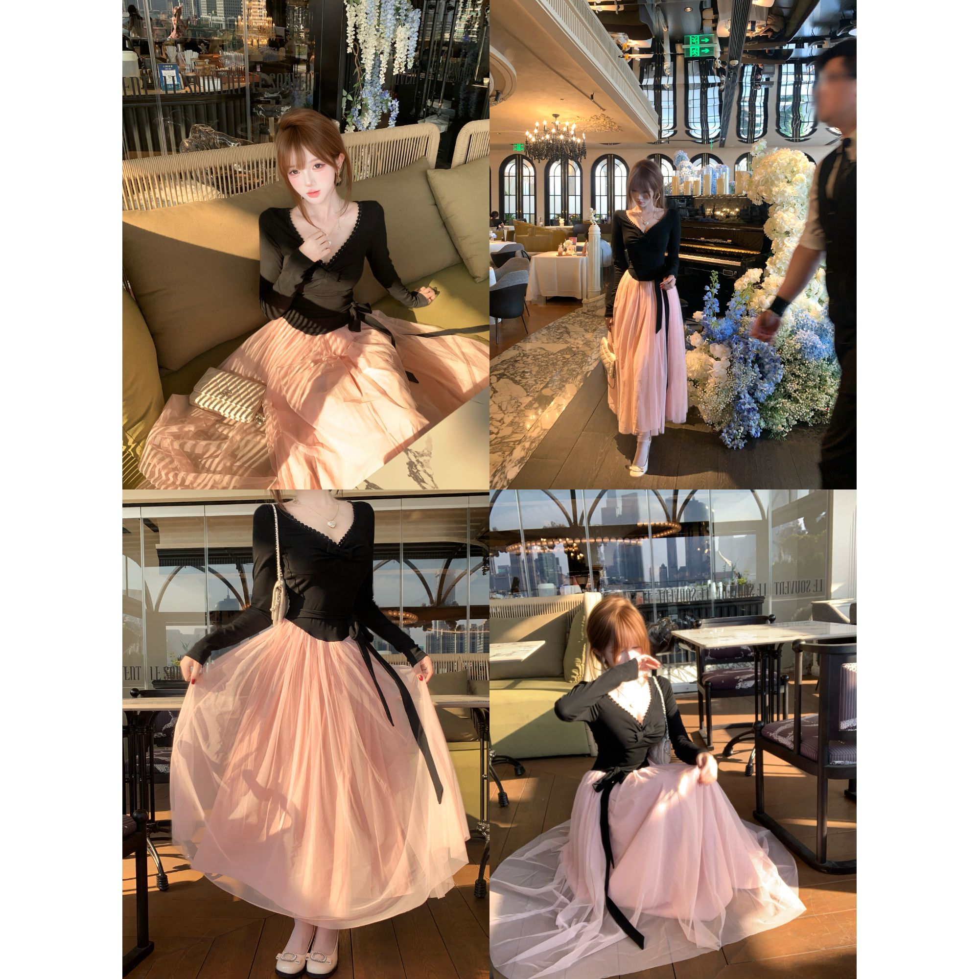 瑞茜·威瑟斯 浪漫埃菲尔 秋纯欲千金风法式显瘦连衣长裙 R2389L