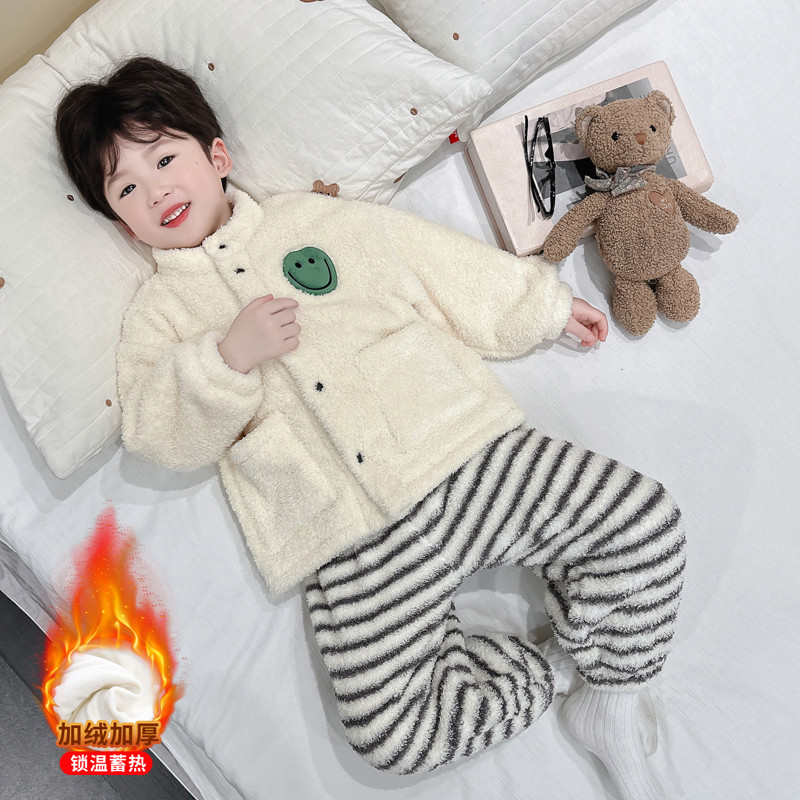 289 290 男童2025秋冬新品半边绒双层加绒开衫套装儿童家居服睡衣
