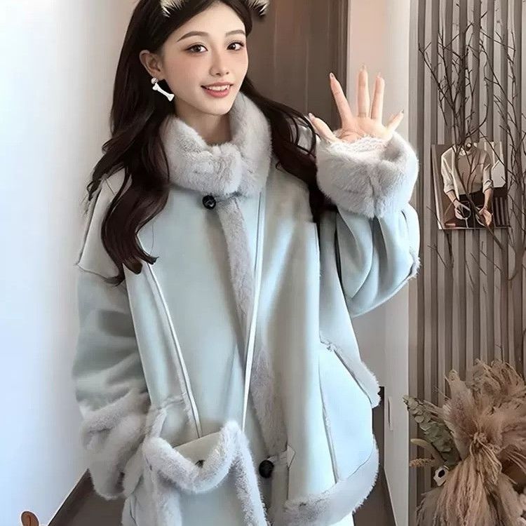 翻领毛毛外套女短款新款韩版宽松机车服加厚上衣