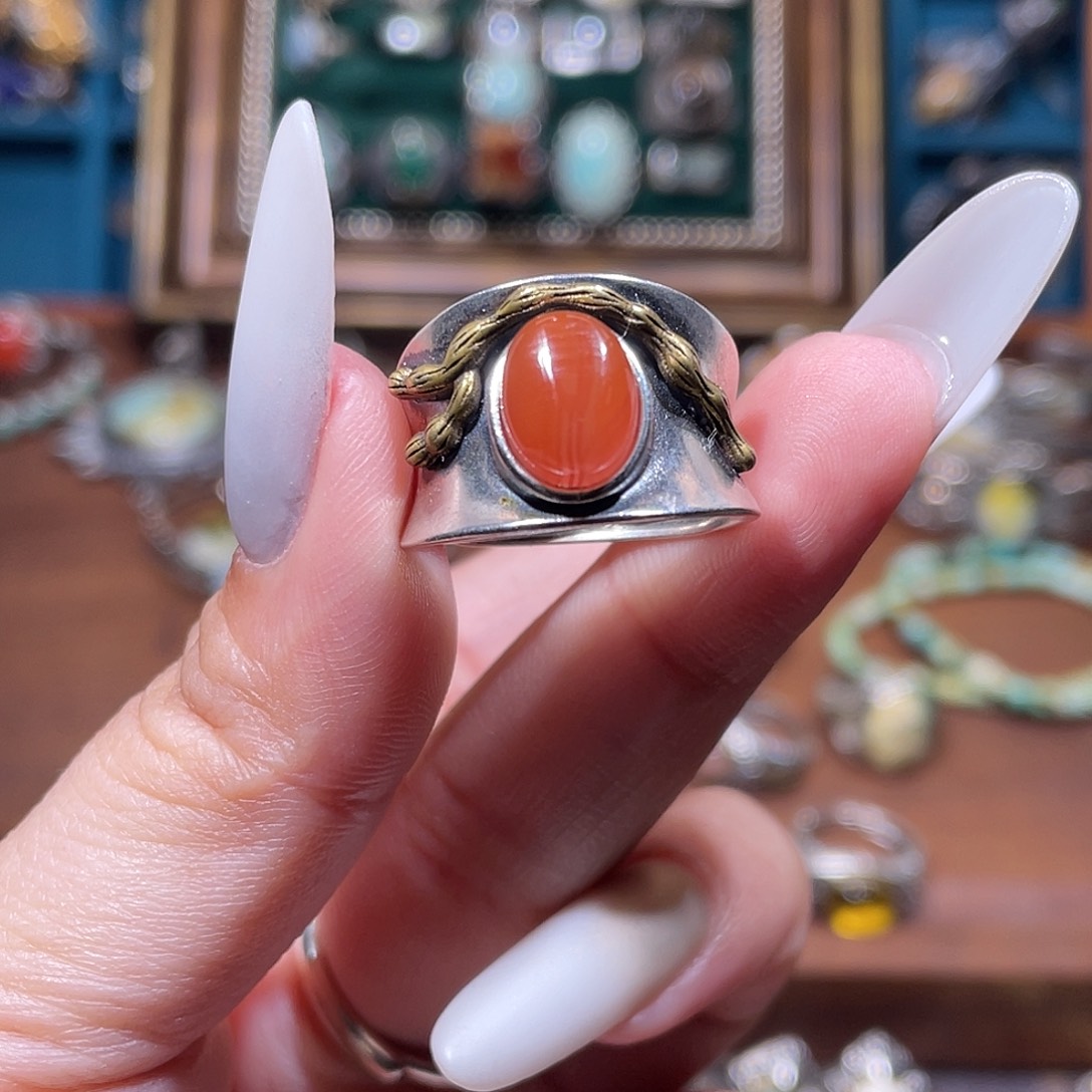 南红玛瑙银S925镶嵌戒指戒指