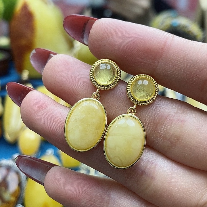 琥珀耳饰银S925镶嵌耳环