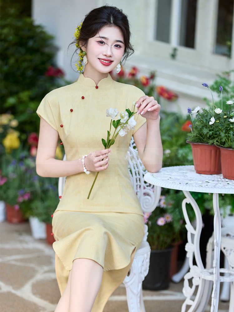 黄色旗袍女新中式2025新款小个子夏季改良年轻款少女高级感连衣裙