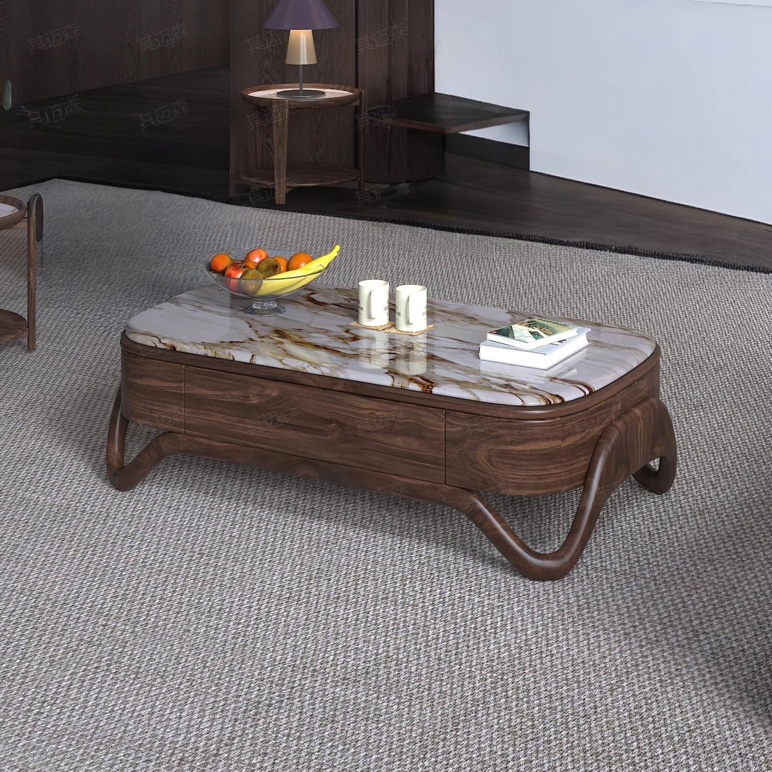 其迈森中式乌金木大理石茶几电视柜现代简约客厅设计师黑胡桃木色