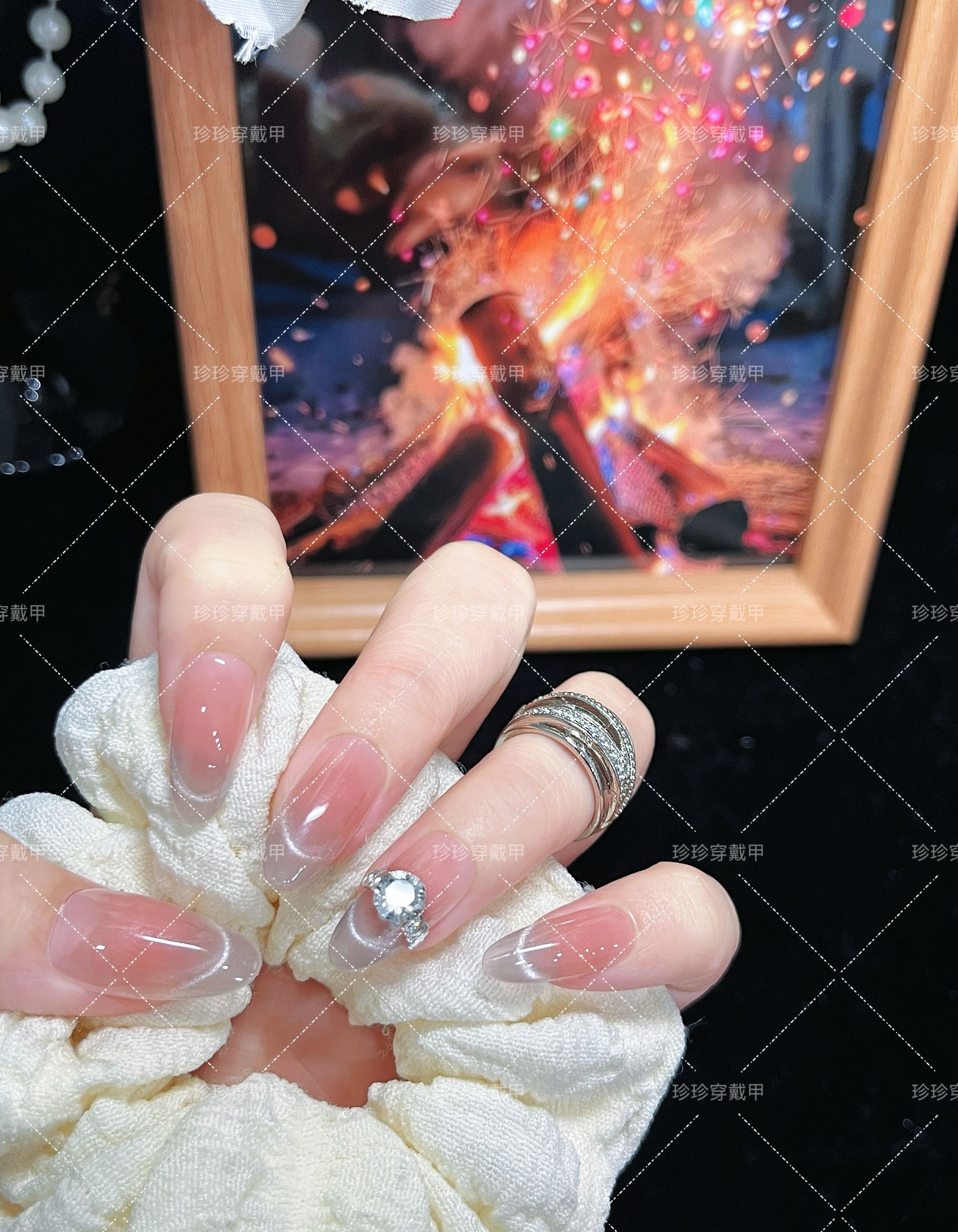 【十克拉】珍珍手工穿戴甲高级感轻奢裸色法式猫眼钻戒镶钻美甲贴片