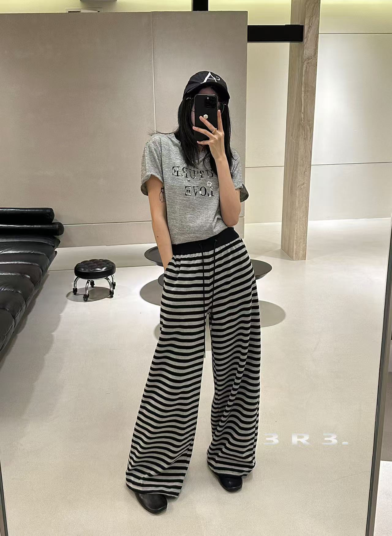 新款慵懒感条纹拖地阔腿女裤裤脚抽绳宽松休闲裤