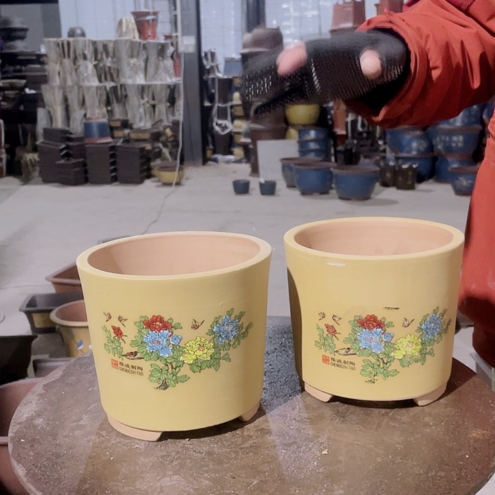 红陶宜兴紫砂花开富贵小一对