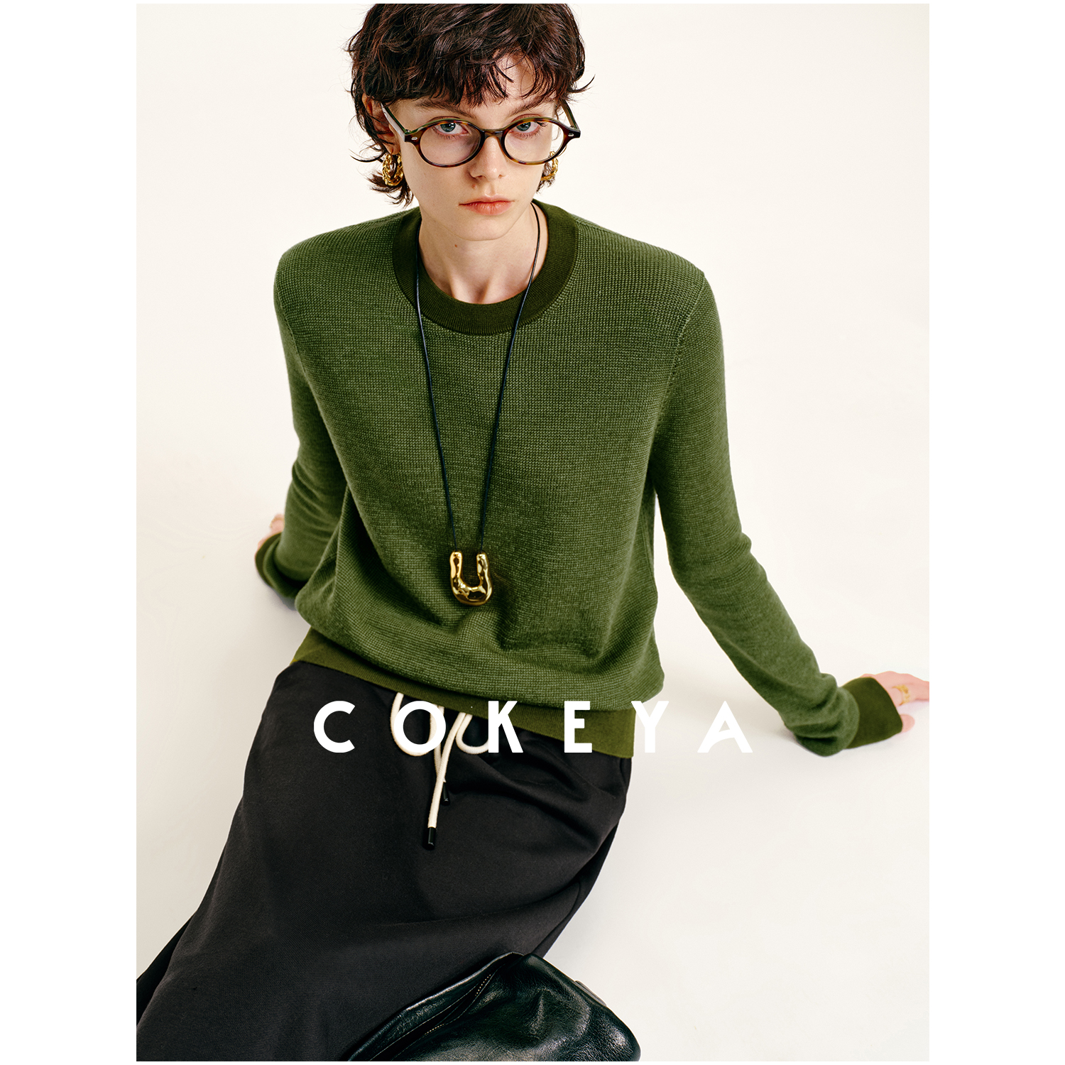 COKEYA/镇店精纯~16针美利奴羊毛6A级真丝打花肌理圆领针织衫女秋