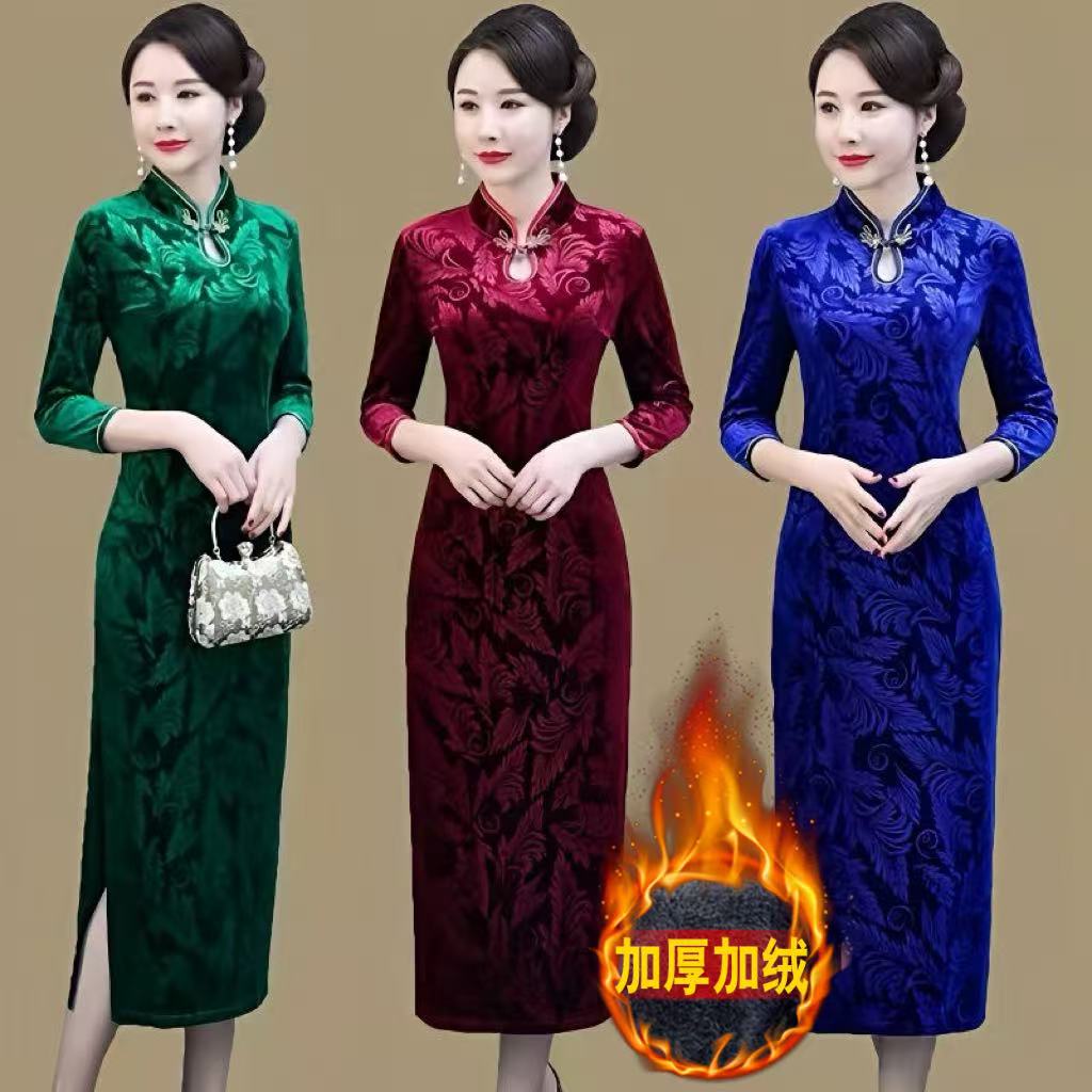 加绒旗袍正品高档秋冬款长袖中年加厚旗袍连衣裙妈妈装旗袍气质
