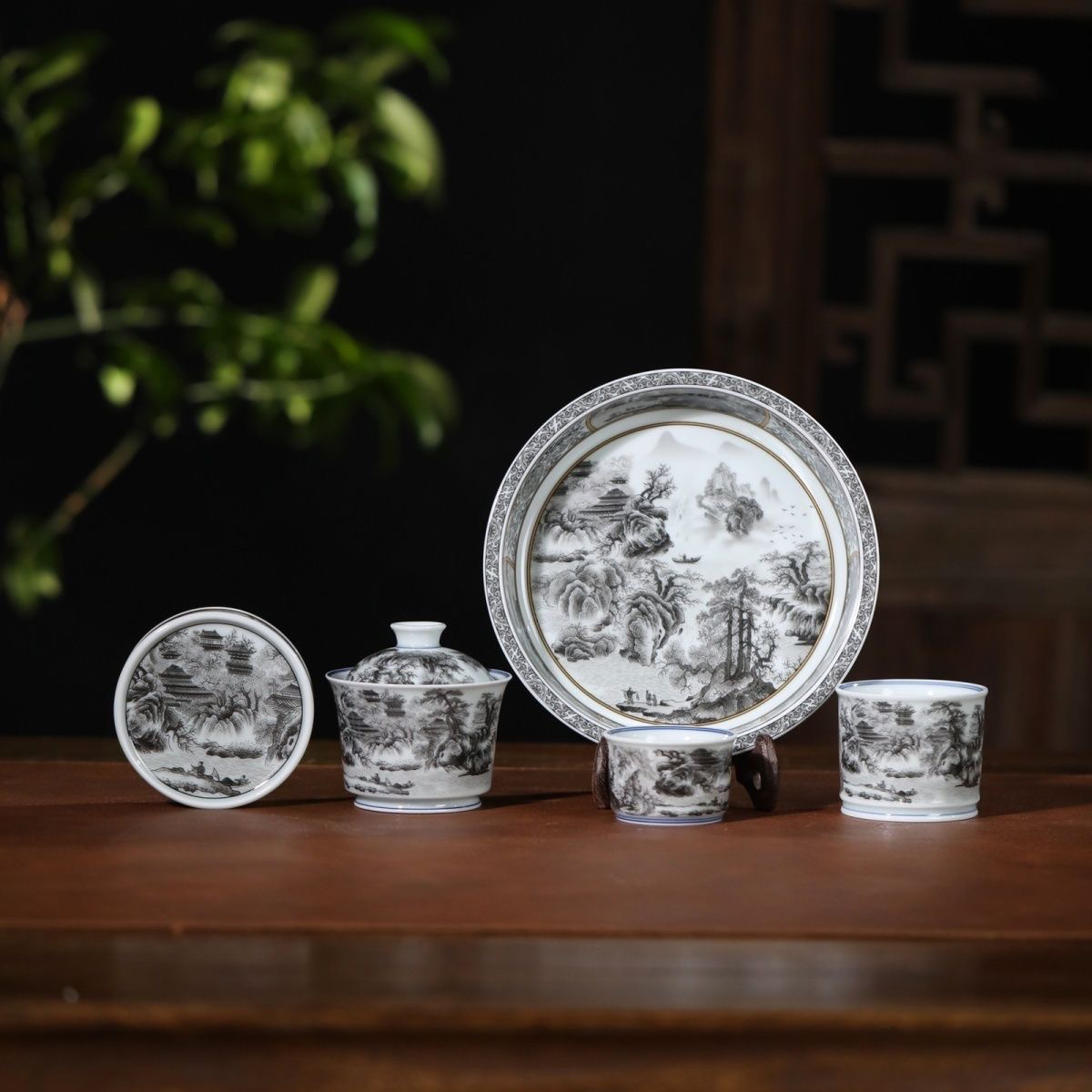 景德镇陶瓷高温墨彩山水春山图套组中式家用送礼茶具套组（可拆分）