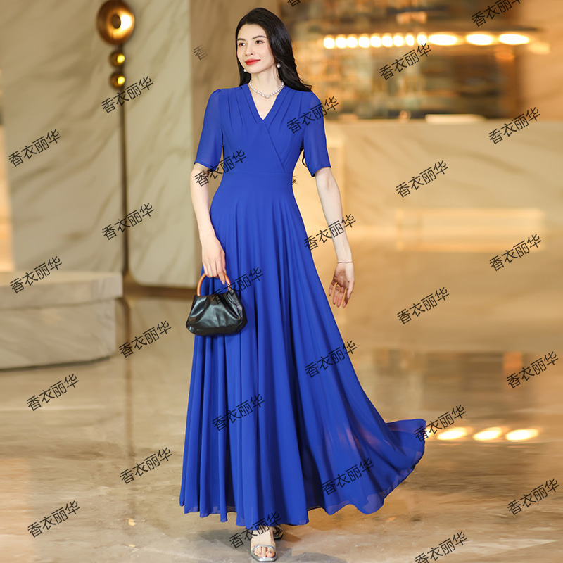 香衣丽华28D-宝蓝夏季短袖V领纯色大摆长款修身显瘦连衣大摆长裙