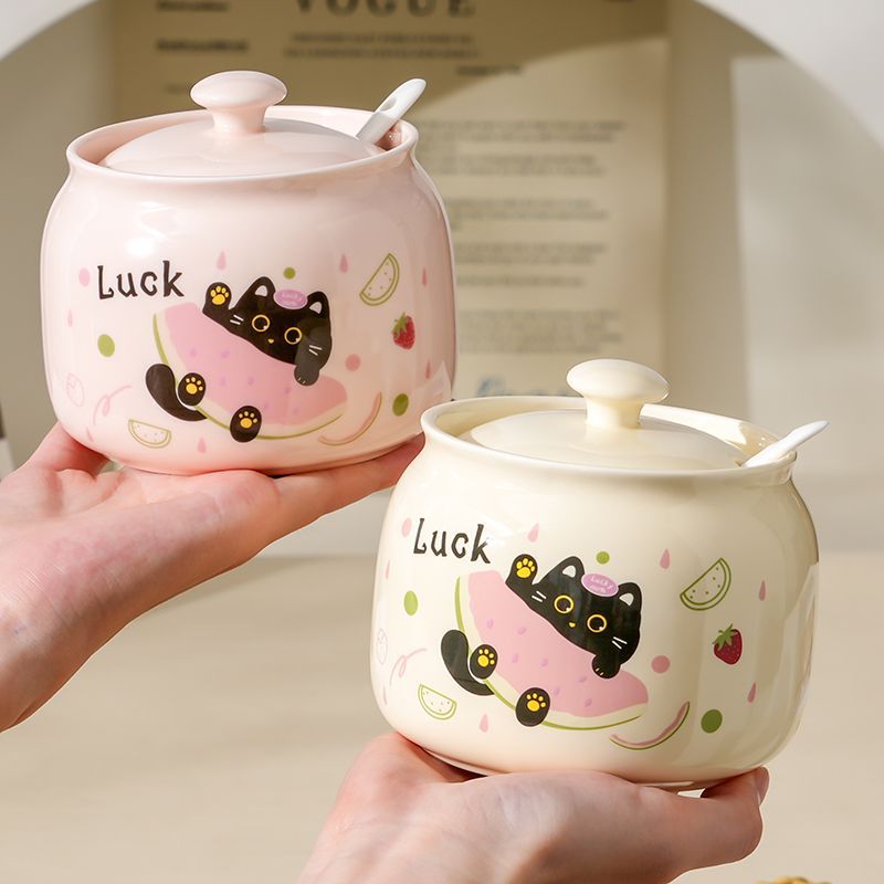 陶瓷罐带盖盐罐家用厨房辣椒罐调味精蘸料罐猪油罐可油泼耐高温yw