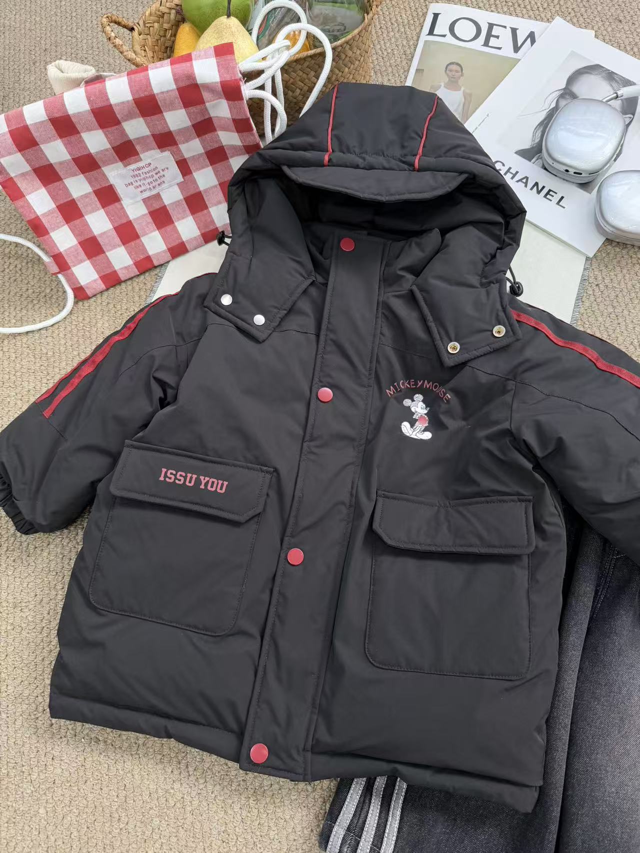 杉伴韩系男小童冬季新款夹棉中长款卡通米老鼠连帽上衣男宝宝外套