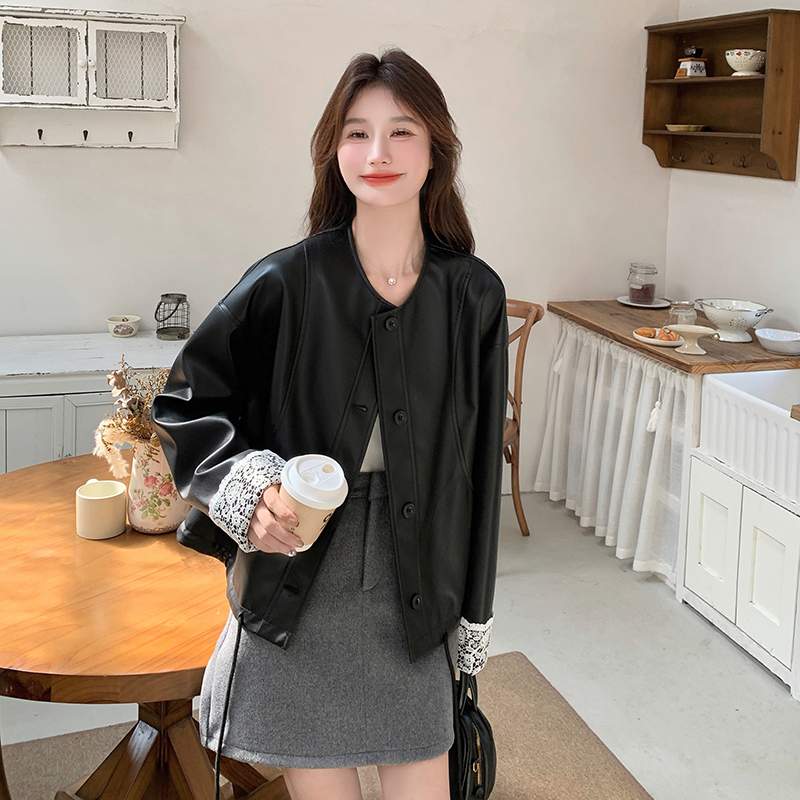 黑色韩系蕾丝拼接减龄皮衣外套女2025春季新款小个子百搭PU皮夹克