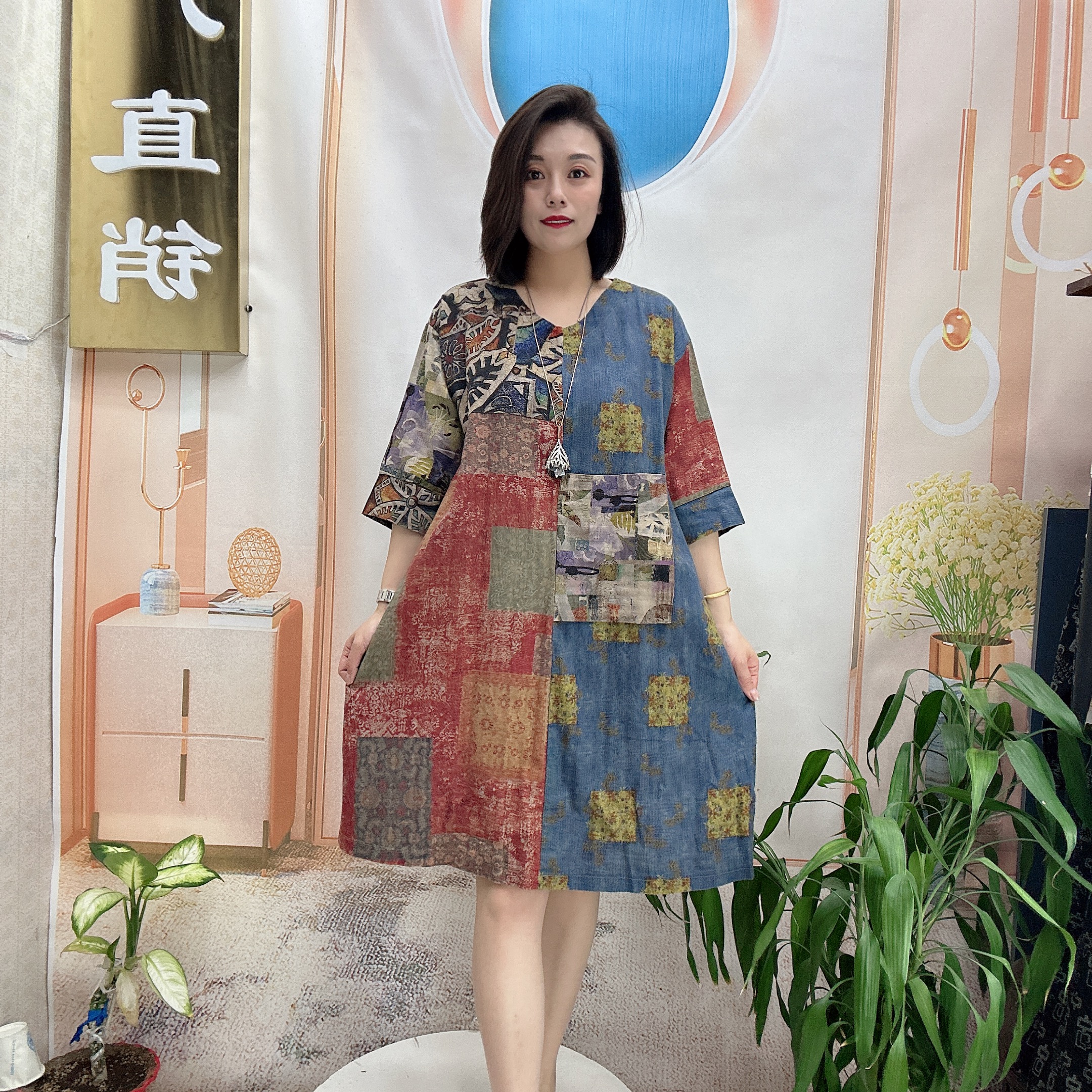 0666春季长裙中长裙套头长袖连衣裙民族风中式显瘦唐装时尚复古