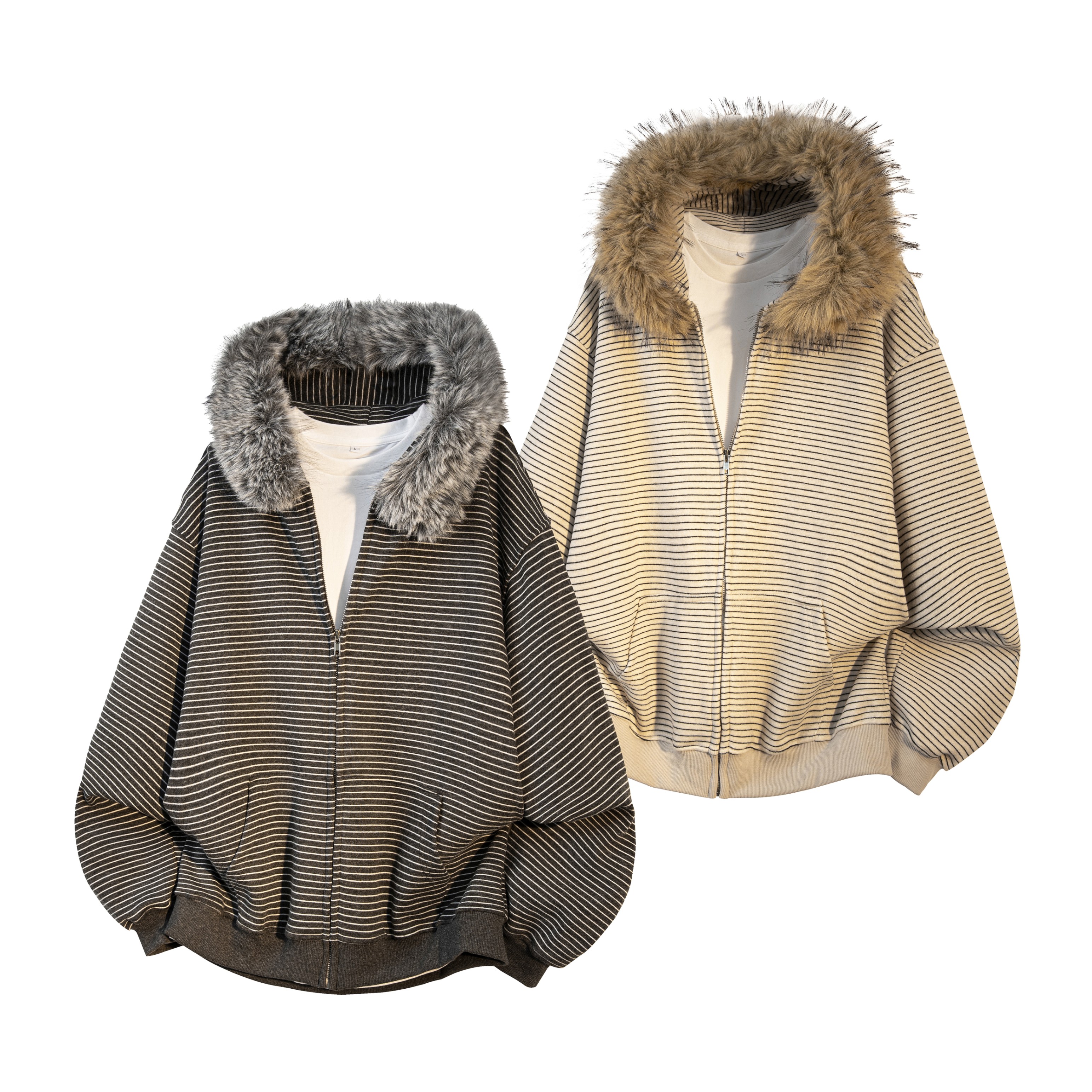 TB12 毛领条纹连帽卫衣开衫外套男秋季新款休闲宽松复古慵懒上衣