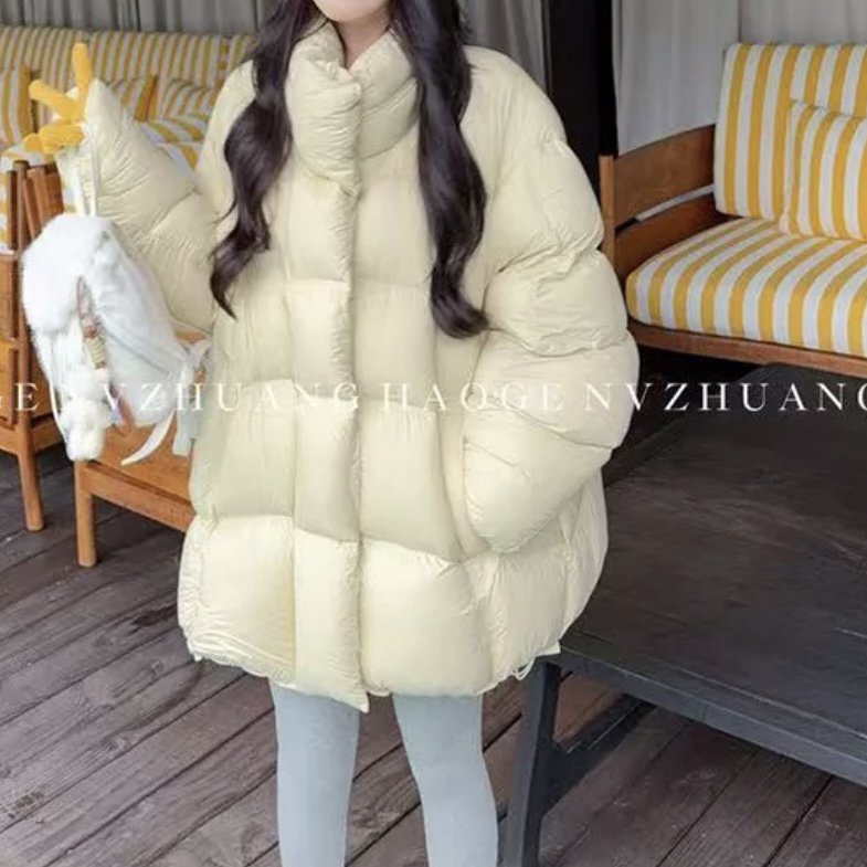 韩系中长款羽绒服冬白鸭绒轻柔软糯奶黄色保暖泡芙面包服外套女