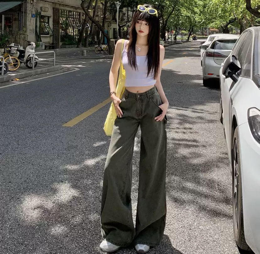 美式复古军绿色直筒牛仔裤女夏季薄款显瘦时尚工装裤