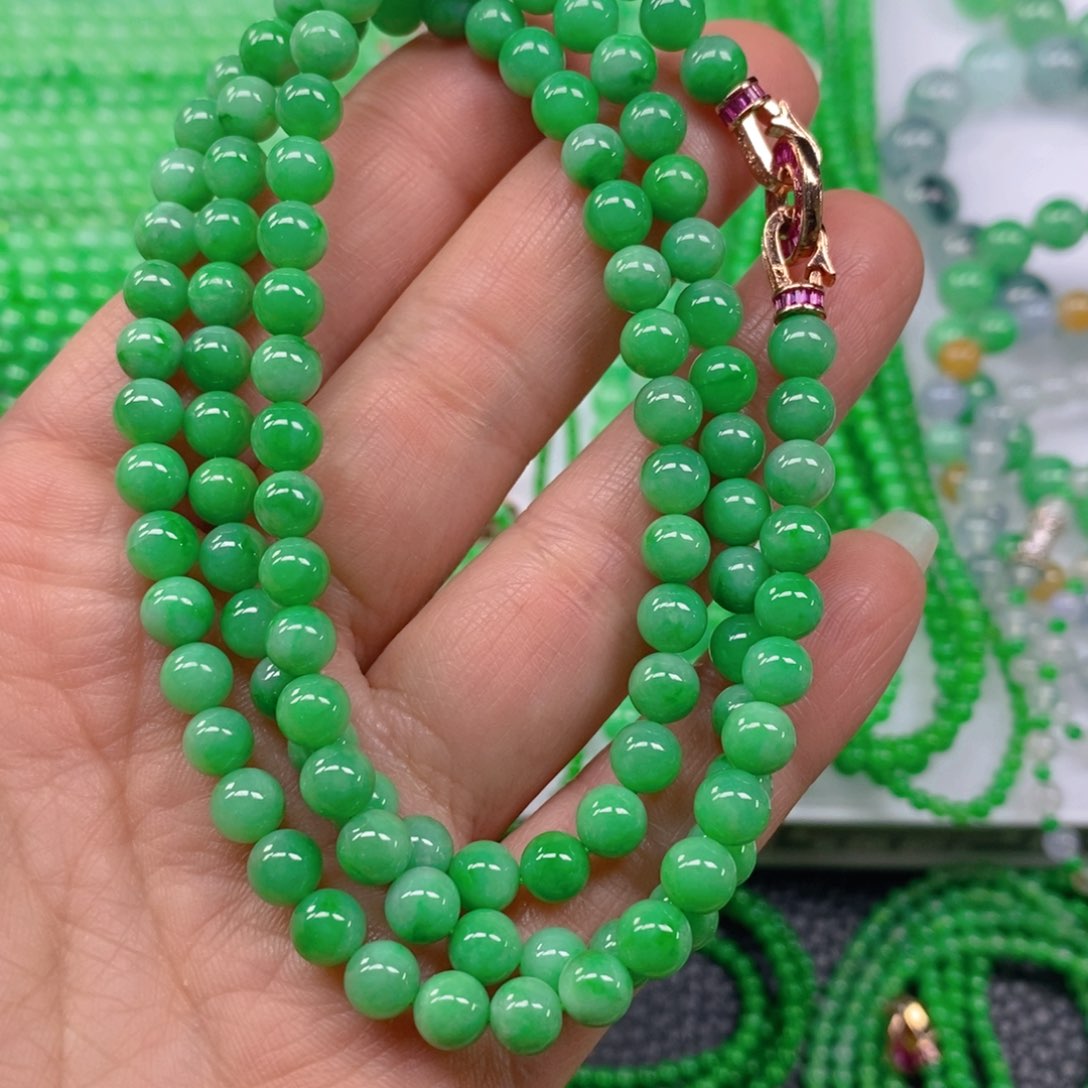 翡翠颈饰未镶嵌阳绿圆珠项链6m' m