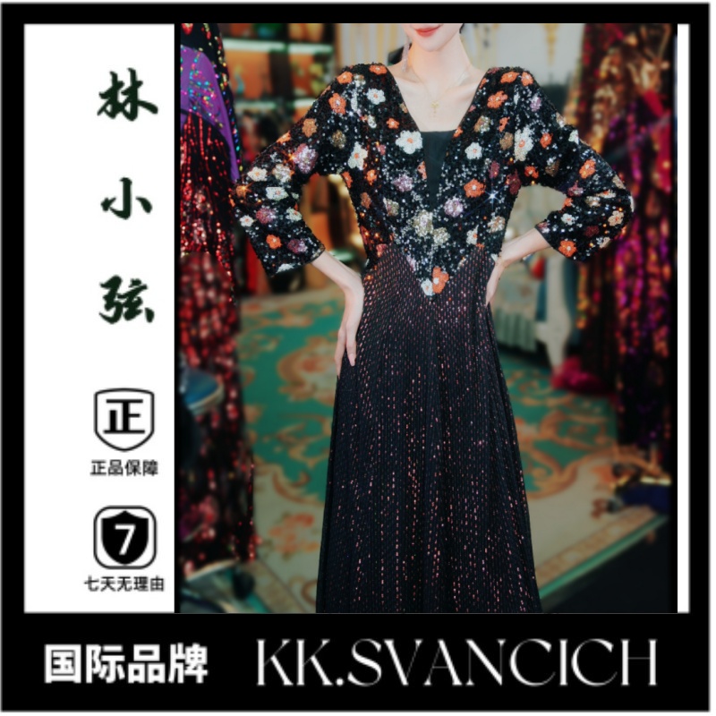 877新款拼接亮片设计显瘦优雅连衣裙长款改良式旗袍大摆裙