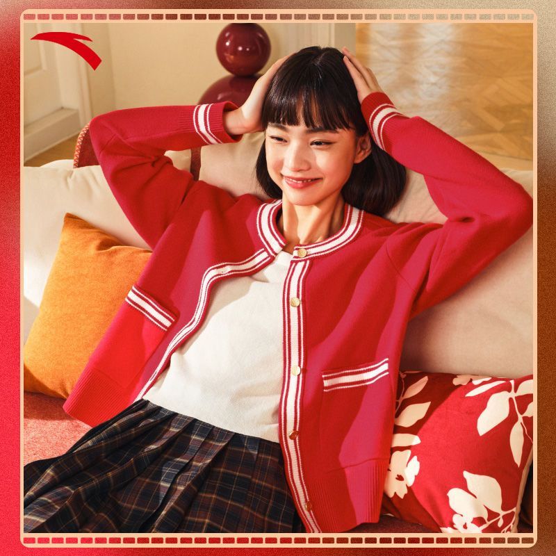 安踏好事发生丨新年红色针织开衫毛衣女款冬季休闲外套162518734