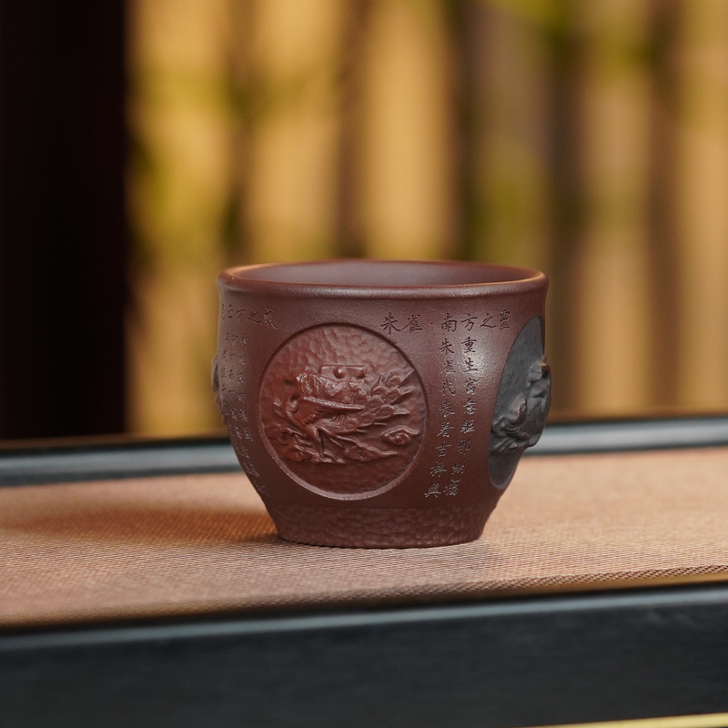 宜兴原矿紫砂全手工紫泥雕塑四大神兽高档主人杯品茗杯