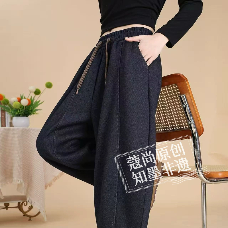 秋季新款新中式国风宽松显瘦高腰抽绳松紧加绒牛仔南瓜裤