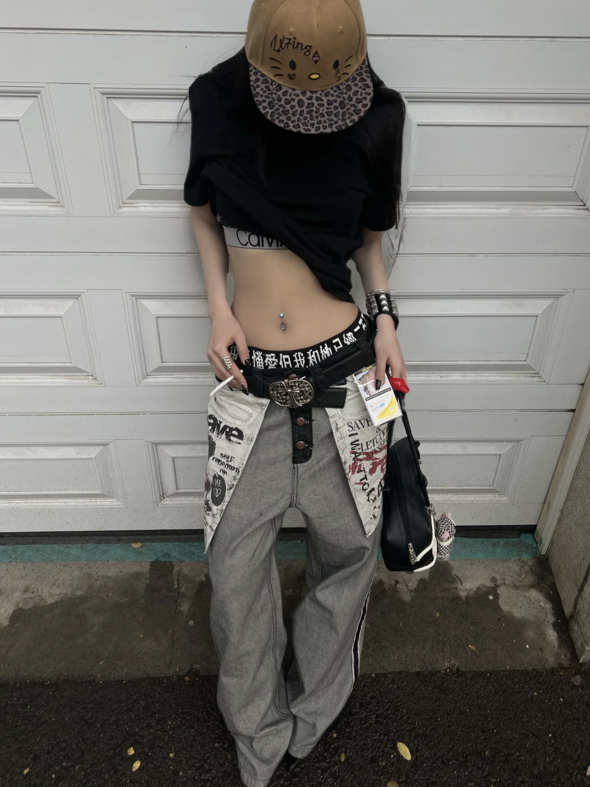 美式复古辣妹秋季新款设计感牛仔裤做旧女装反穿口袋印花拖地长裤