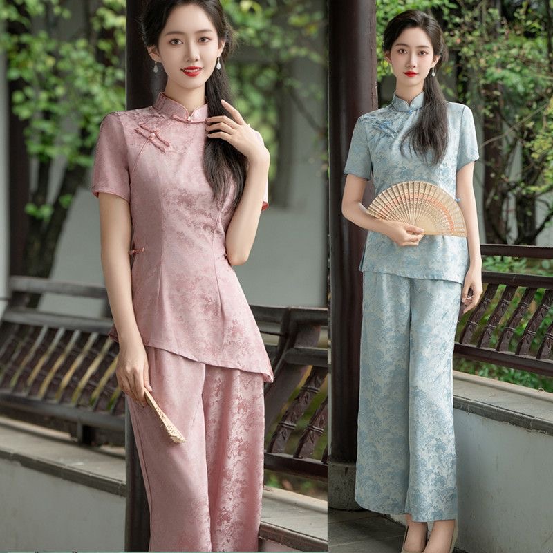 【云萝缎】新中式国风套装女夏新款改良旗袍上衣+裤子两件套显瘦