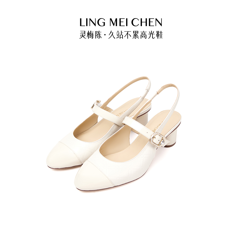 【格纹钻扣】外穿时尚百搭黑色女士凉鞋软底一字带钻扣后空高跟鞋