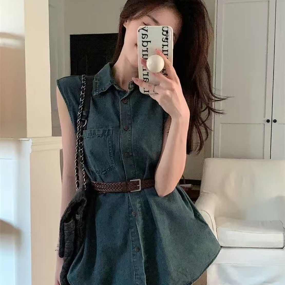 港风复古领无袖牛仔衬衫女装夏季宽松显瘦小众上衣