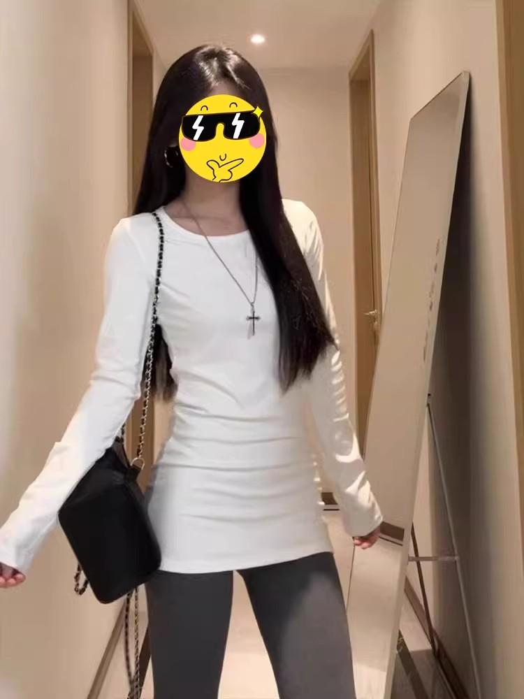 长袖德绒加厚中长款T恤女冬季修身内搭白色打底衫上衣服