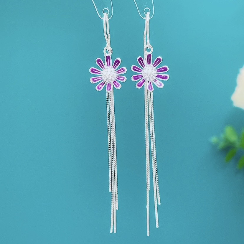 足银耳饰 纯银花朵耳环时尚紫色流苏耳坠