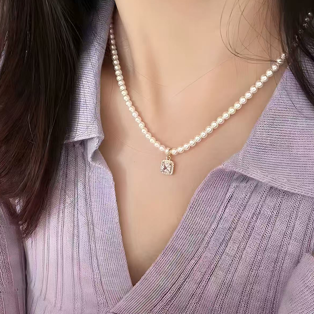 非金属仿珍珠项链 666方钻珍珠气质锁骨链配饰颈链子