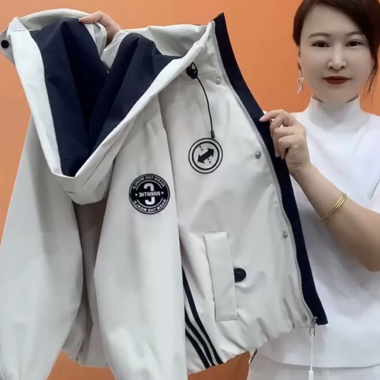 25803内里加毛宽松型连帽厚款常规款短外套加厚秋季加绒保暖立领