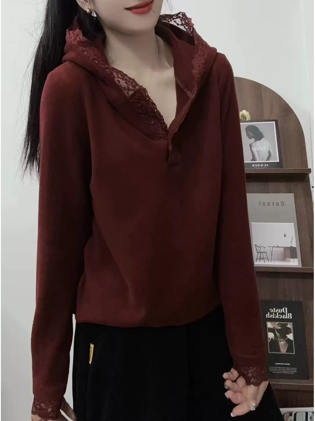 2024双面发热绒蕾丝拼接帽衫休闲长袖