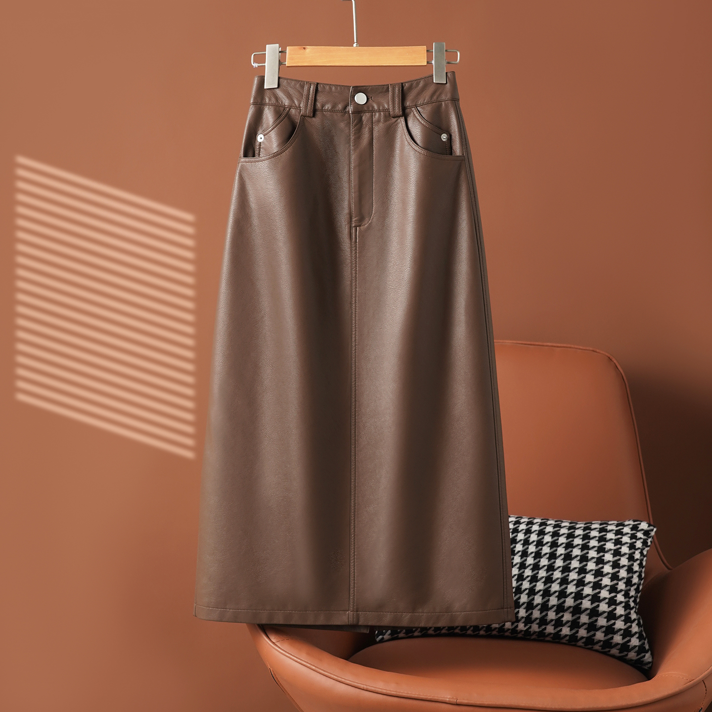 【浩子】新款海宁真皮绵羊皮短裙拉链长裙半身裙咖色A字短裙高腰