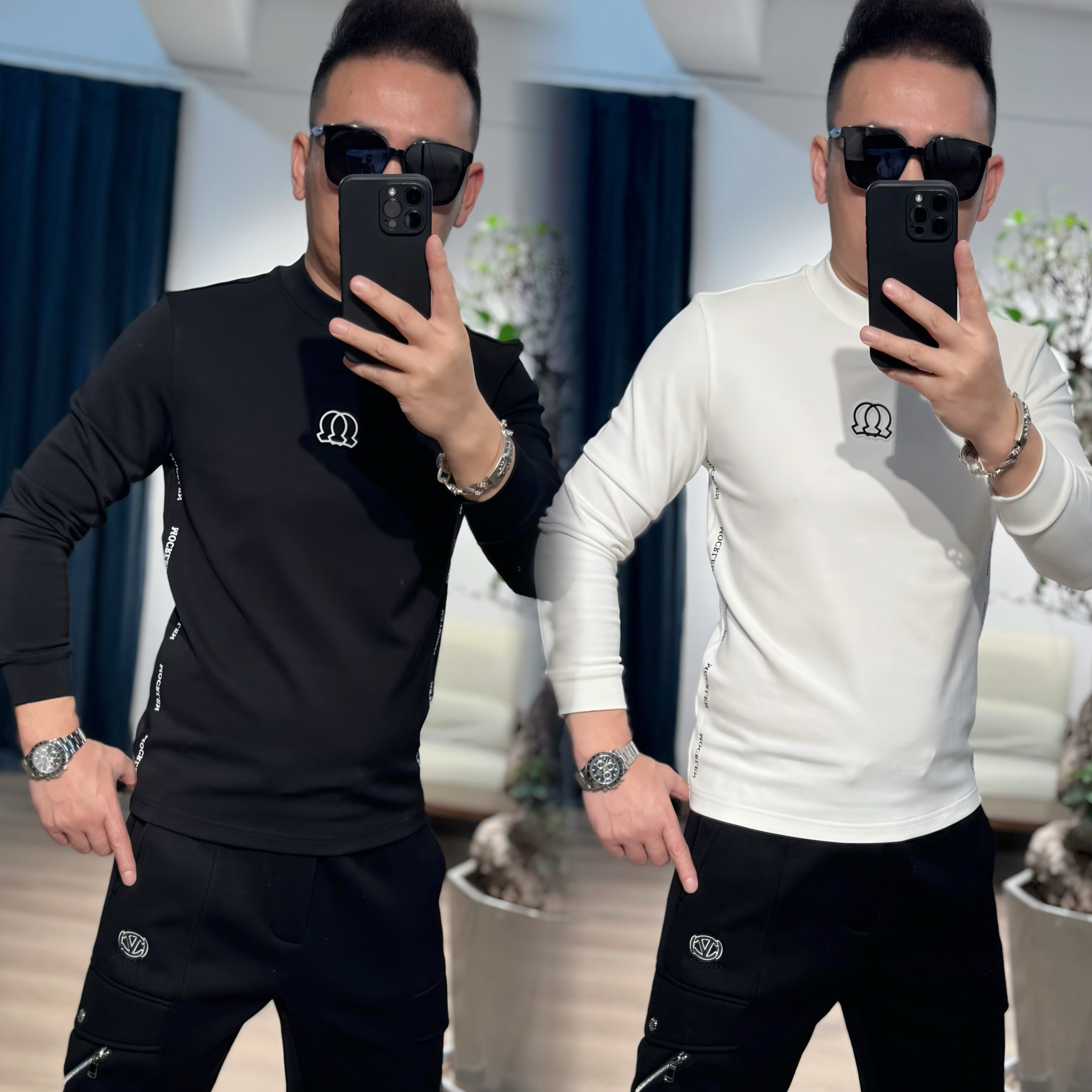 【VG轻奢】25冬季新款男士高品质立体浮雕时尚百搭加绒打底衫3106