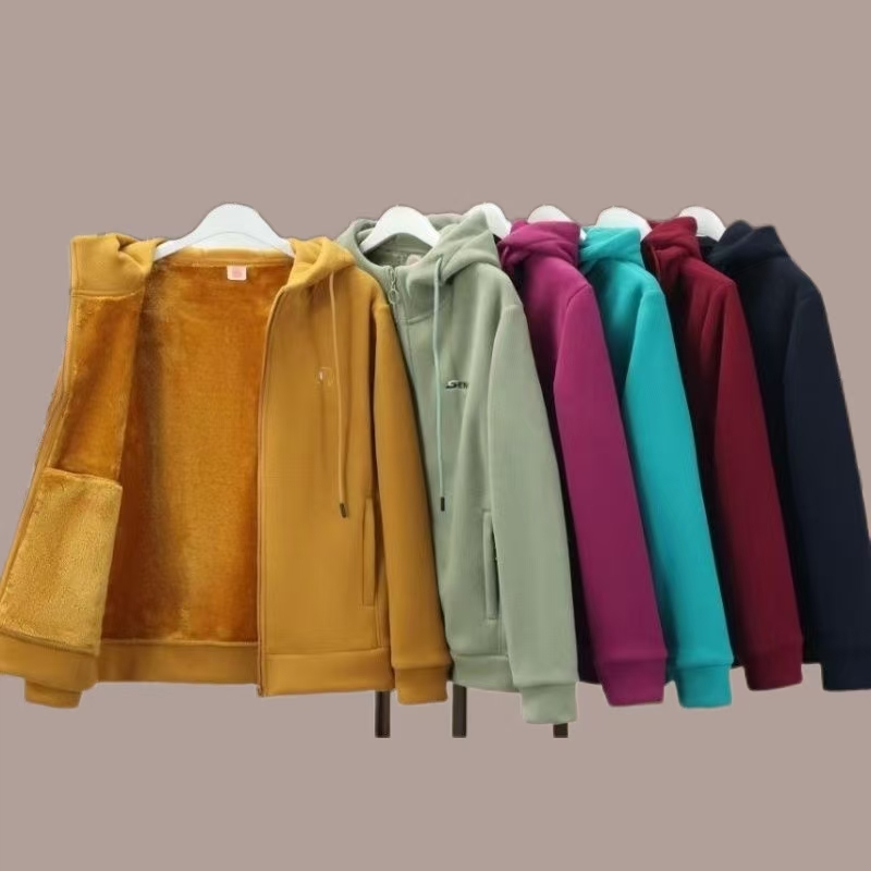 02冬季妈妈装加绒加厚摇粒绒抓绒奥粒绒连帽女士保暖摇粒绒外套