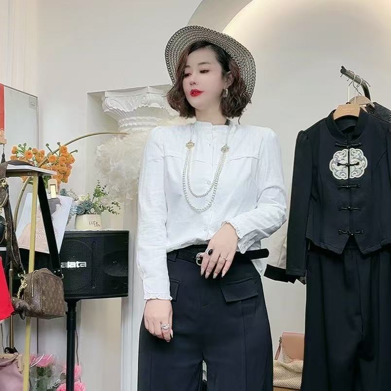 Q25 91111 衬衫女立领通勤基础款长袖衬衣新款休闲百搭宽松上衣