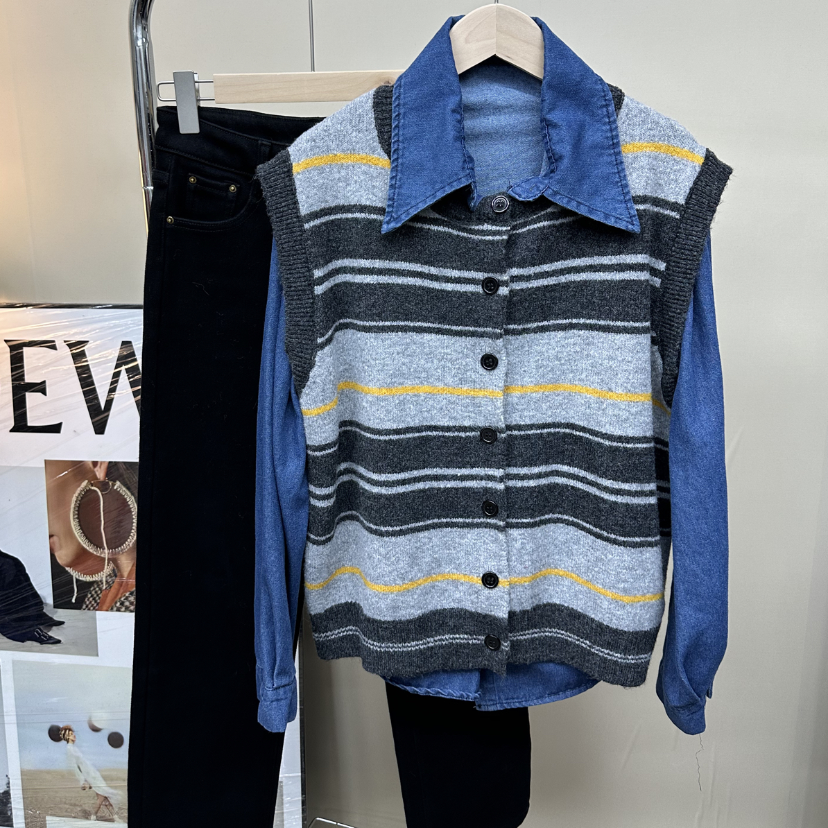 【小白姐姐】韩系款牛仔衬衫➕厚实条纹背心两件套