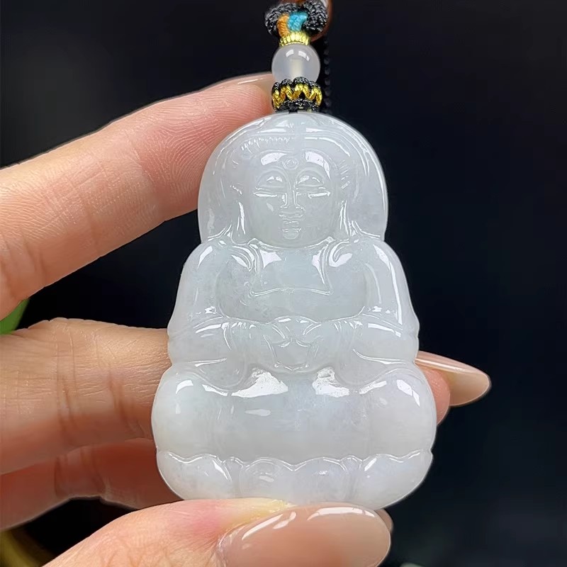 天然缅甸翡翠A货 观音玉佩白冰毛衣链配饰精品配饰