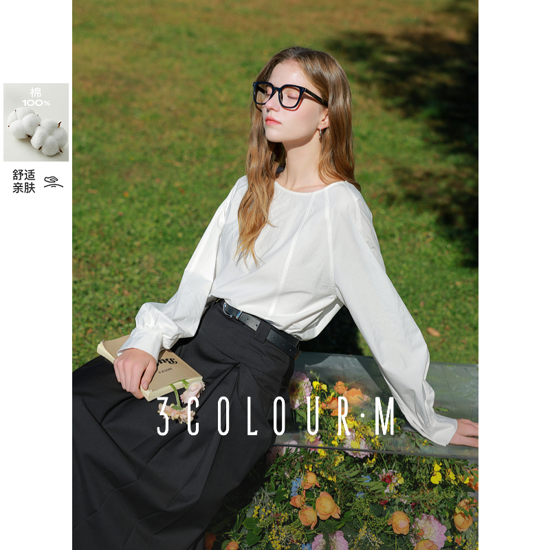 【品牌福利】三彩2025春季新款宽松小衫简约圆领衬衣松弛感上dbx