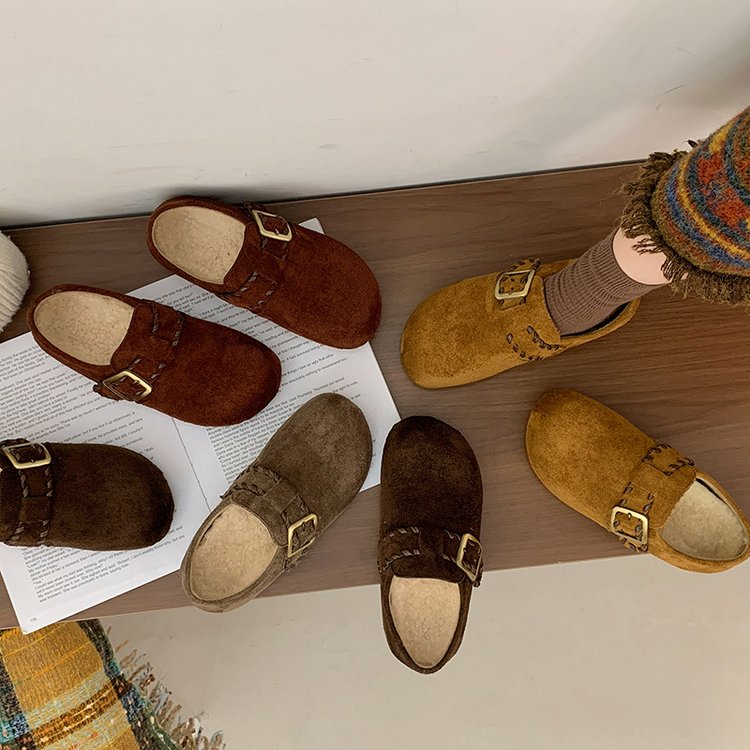 2024冬新款 复古懒人加绒纯色软底一脚蹬女单鞋