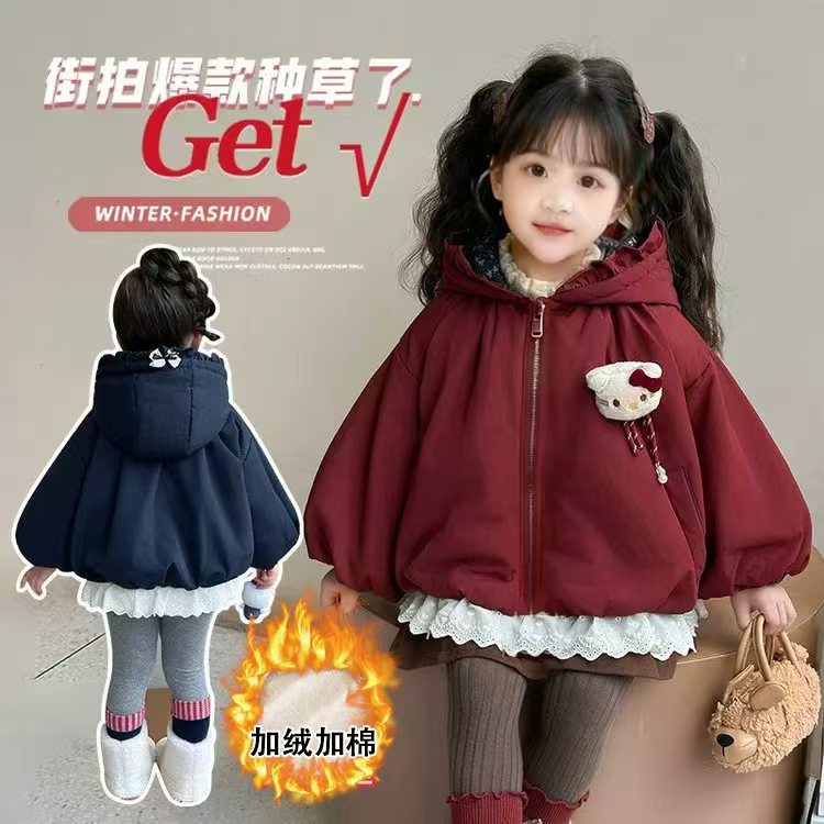 围巾女童夹棉外套深秋冬季2025新款女宝宝超好看儿童冬装猫咪棉衣